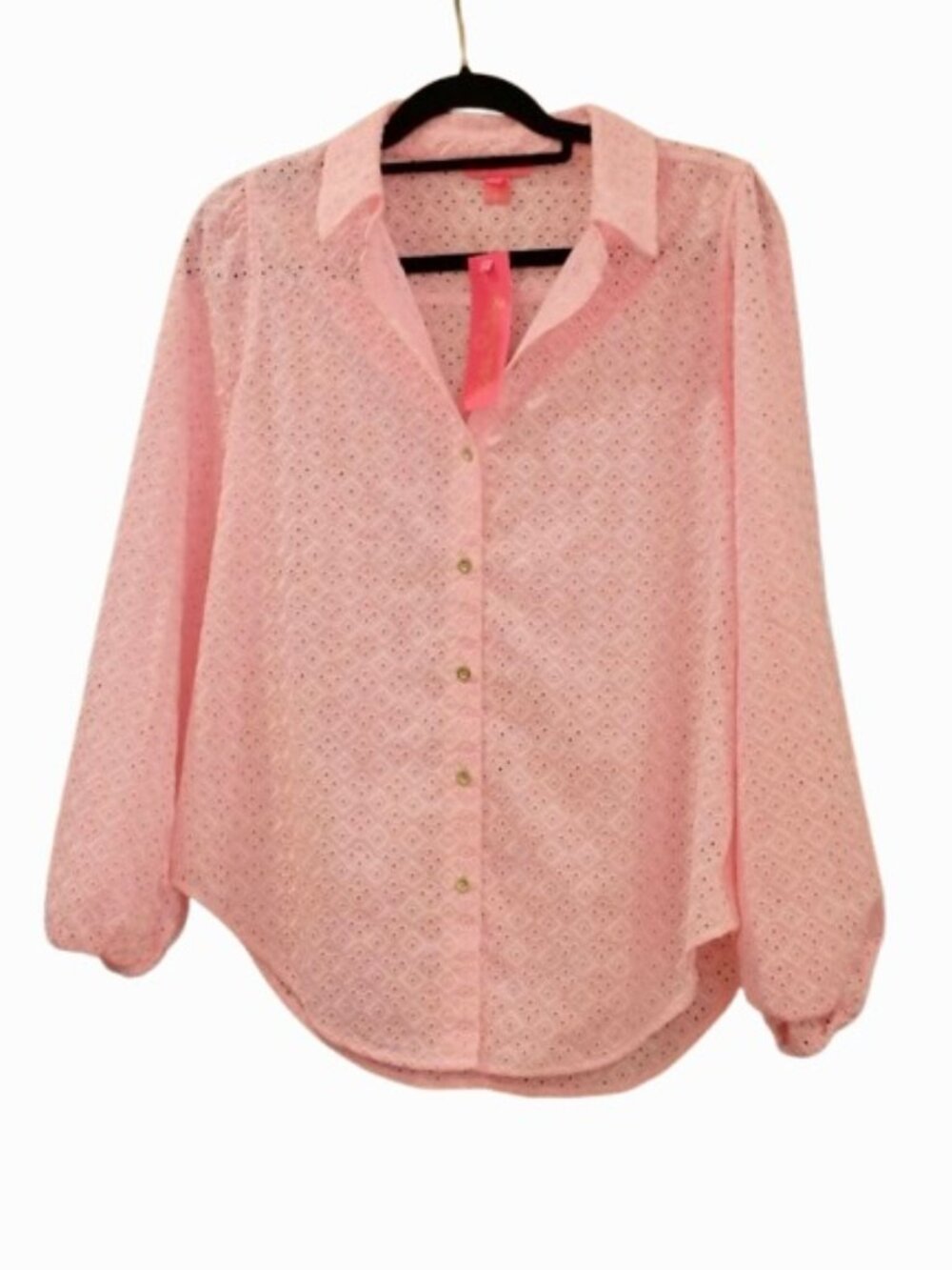 LILY PULITZER~Sea Breeze~EYELET BUTTON DOWN LONG SLEEVE TOP in PINK BLOSSOM NWT
